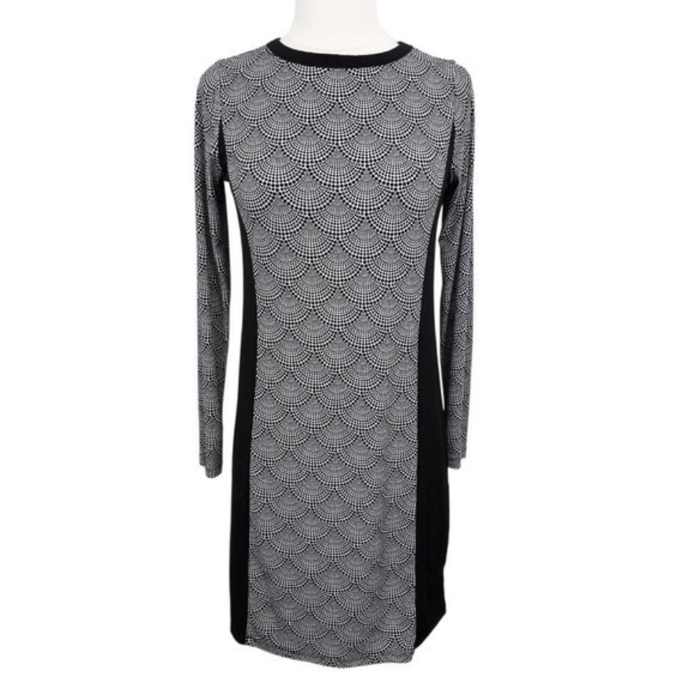 Michael Kors Black & White Dot Fan Colorblock Long-Sleeve Sheath Dress- XS